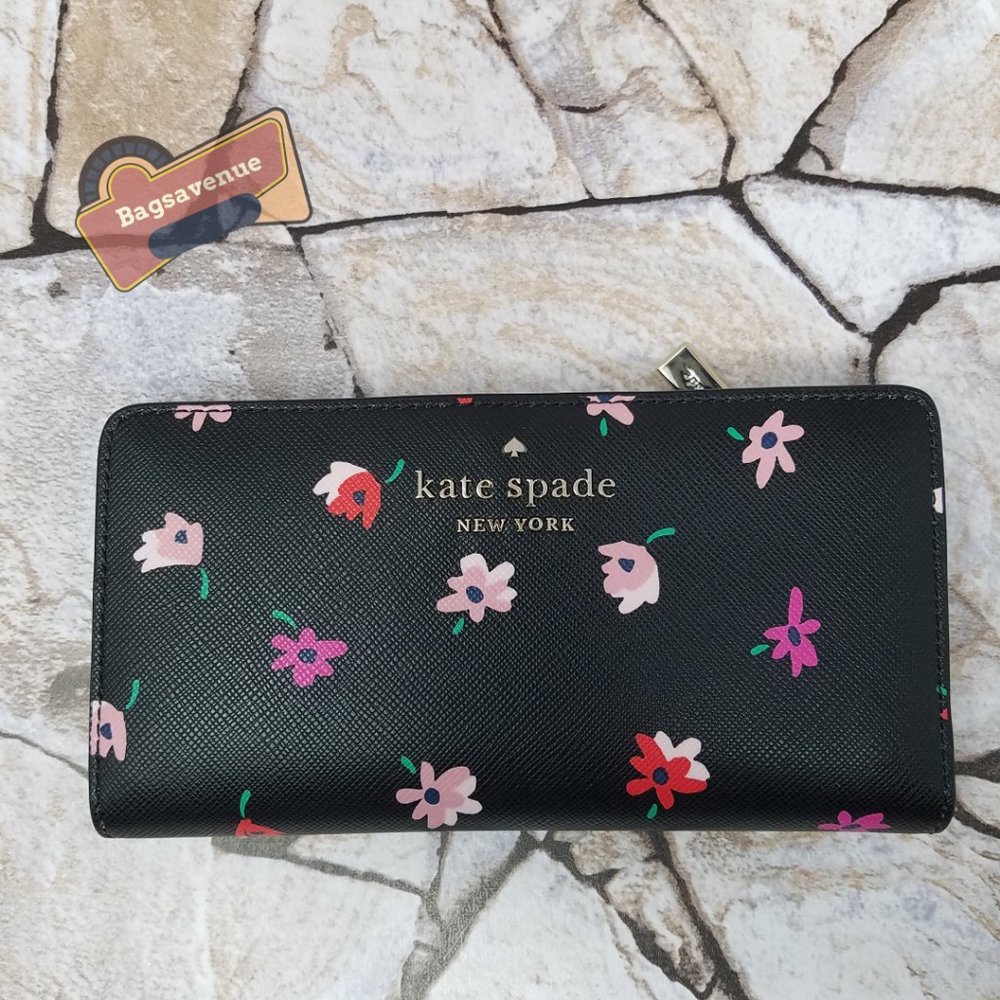 Ditsy Buds Multi Black Pink Staci Large Bifold Wallet Kate Spade